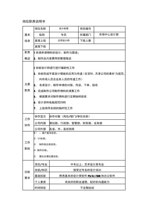 设计助理岗位职责说明书