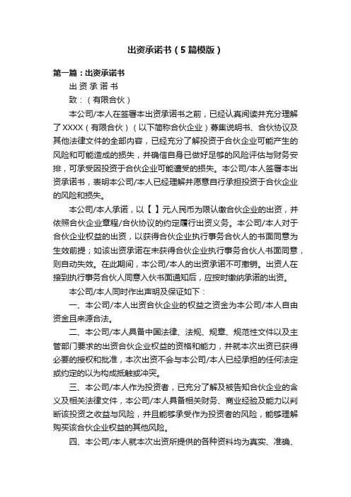 出资承诺书（5篇模版）