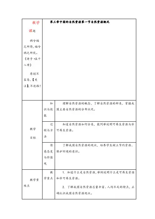 湘教版八年级地理1自然资源概况教案与反思金品