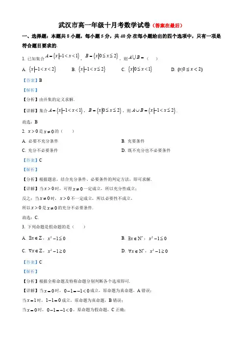 湖北省武汉市2024-2025学年高一上学期10月月考数学试题含答案