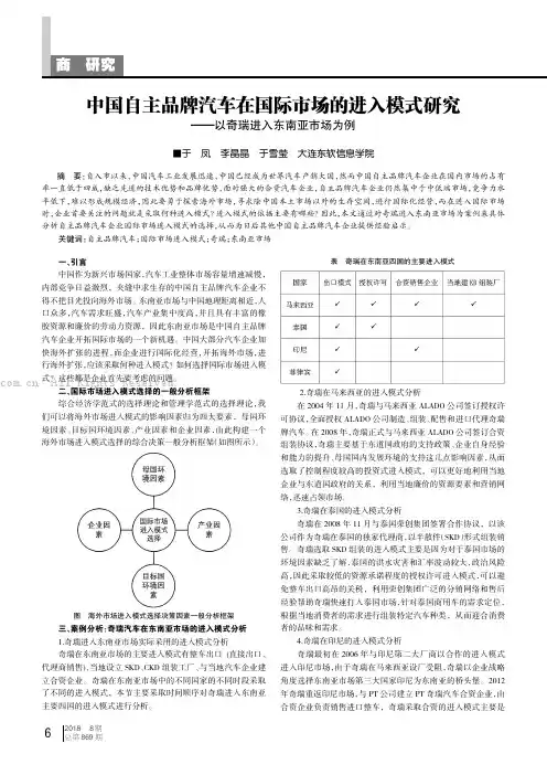 中国自主品牌汽车在国际市场的进入模式研究——以奇瑞进入东南亚市场为例