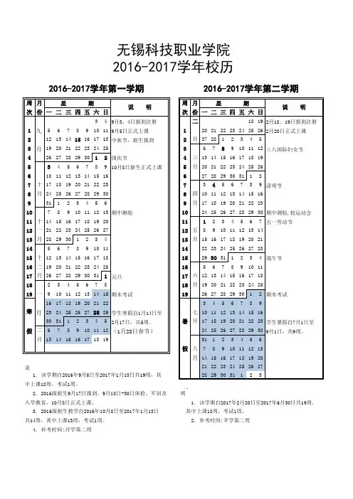 2016-2017学年无锡科技职业学院校历