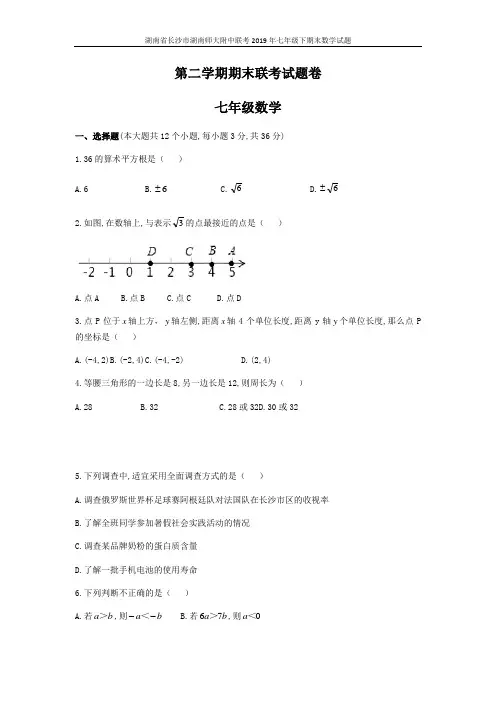 湖南省长沙市湖南师大附中联考2019年七年级下期末数学试题