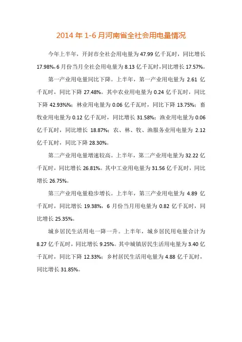 2014年1-6月河南省全社会用电量情况