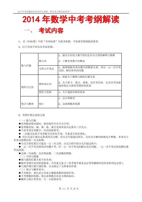 2014年数学中考考纲解读分析(含题目真题题型考点知识点命题预测猜想推断揭秘解密+备考冲刺复习建议与意见)