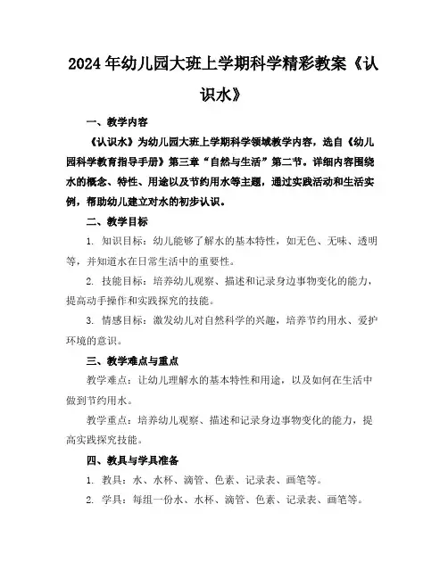 2024年幼儿园大班上学期科学精彩教案《认识水》