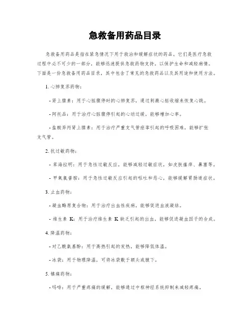 急救备用药品目录