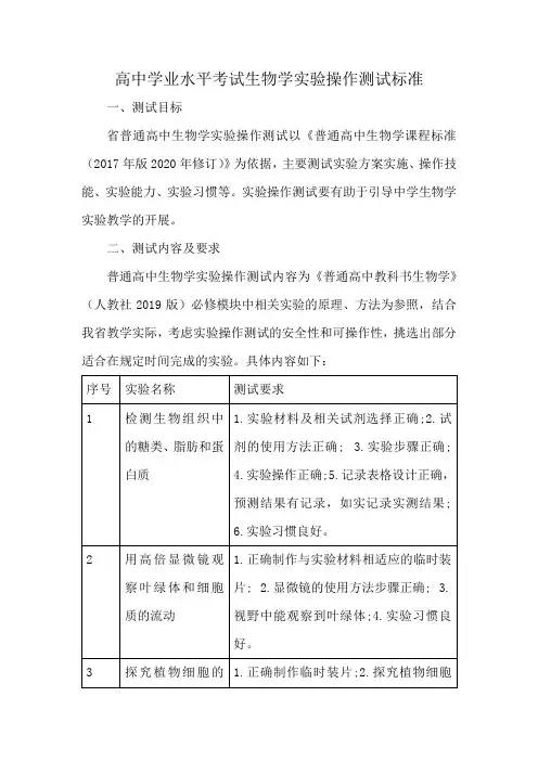 高中学业水平考试生物学实验操作测试标准