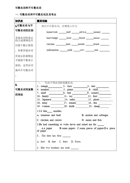 可数名词与不可数名词-讲义+练习题