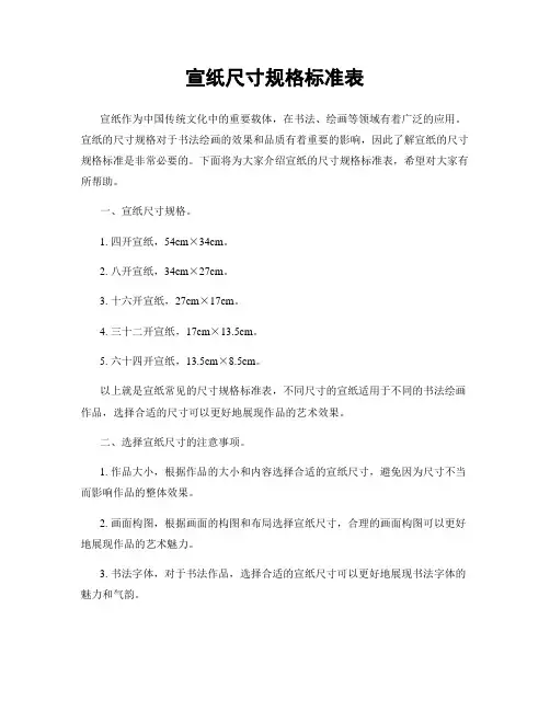 宣纸尺寸规格标准表