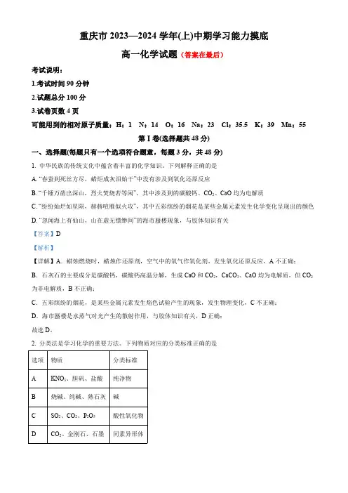 重庆市2023-2024学年高一上学期11月期中化学试题含解析