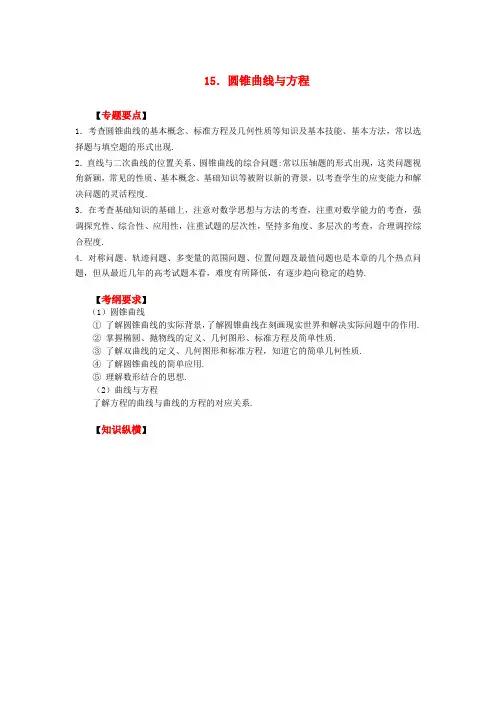 高考数学二轮复习(15)圆锥曲线方程教案