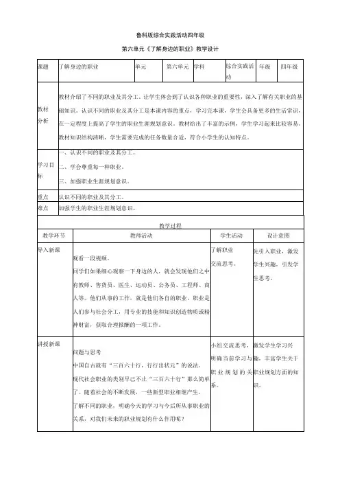 第十六课 了解身边的职业 教案 鲁科版 综合实践活动四上