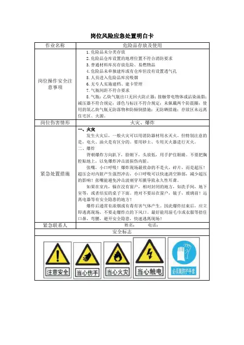 危险品存放及使用岗位风险应急处置明白卡