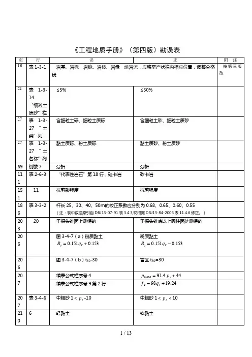 工程地质手册第四版勘误表全