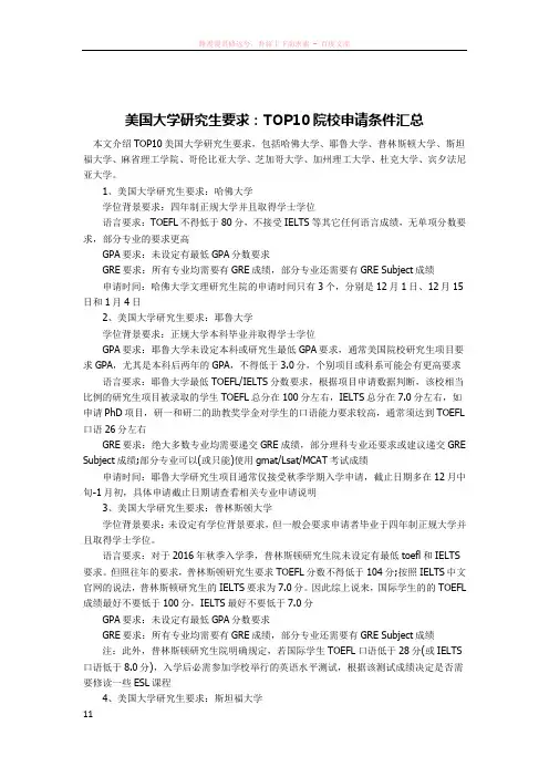 美国大学研究生要求top10院校申请条件汇总