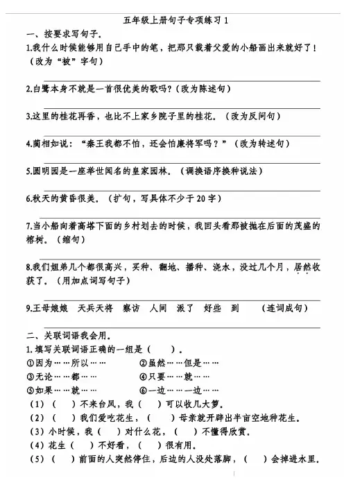 五年级语文上册期末复习：句子专项练习