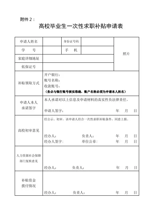 高校毕业生一次性求职补贴申请表