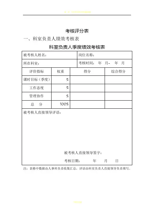 医院各类绩效考核评分表