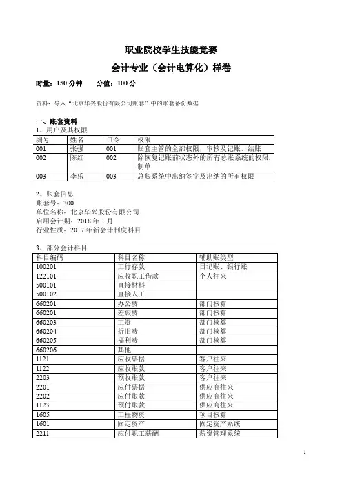 最新 职业院校学生技能竞赛会计电算化试题试卷答案