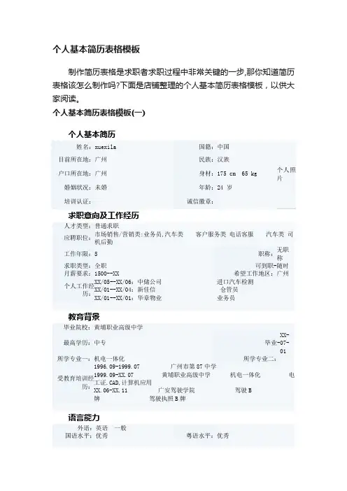 个人基本简历表格模板