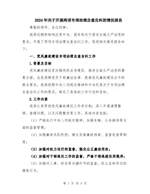 2024年关于开展两项专项治理自查自纠的情况报告