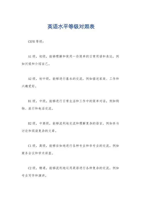 英语水平等级对照表