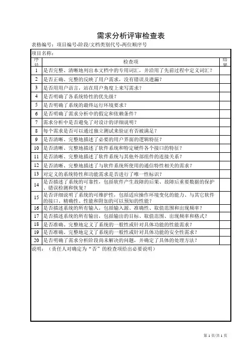 需求分析评审检查表