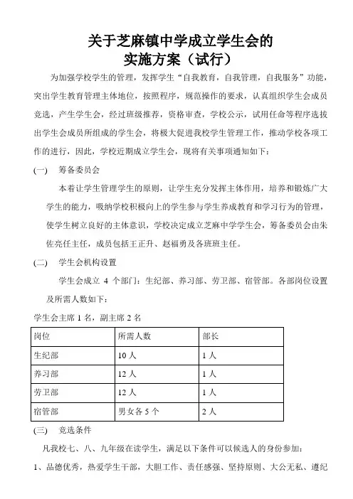 关于芝麻中学成立学生会的方案
