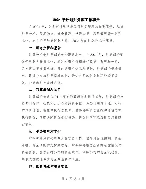 2024年计划财务部工作职责