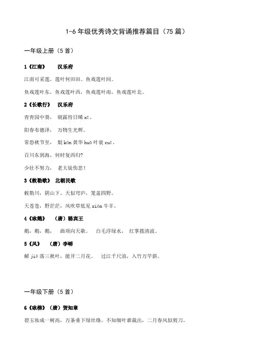 1-6年级优秀诗文背诵推荐篇目(75篇)