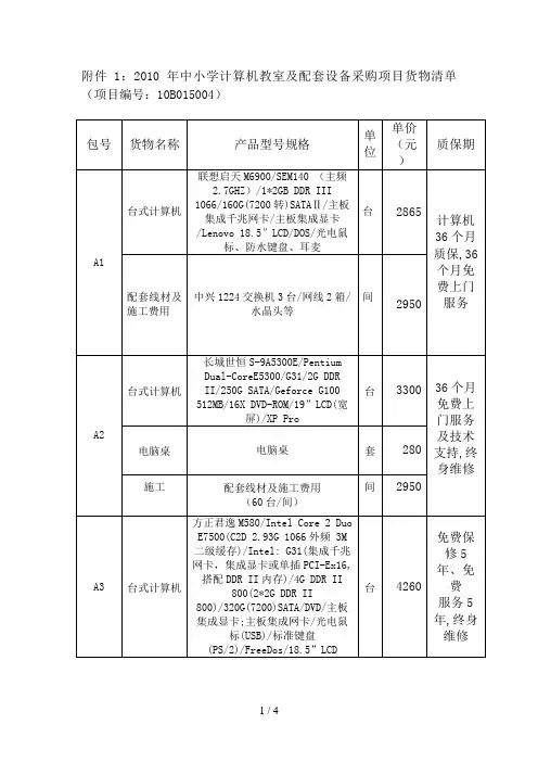 中小学计算机教室及配套设备采购项目货物清单