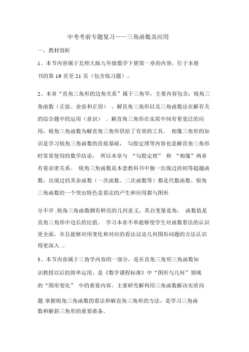 北师大版初三数学下册中考专题复习——三角函数及应用