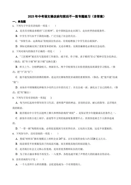 2023年中考语文修改病句前后不一致专题练习(含答案)
