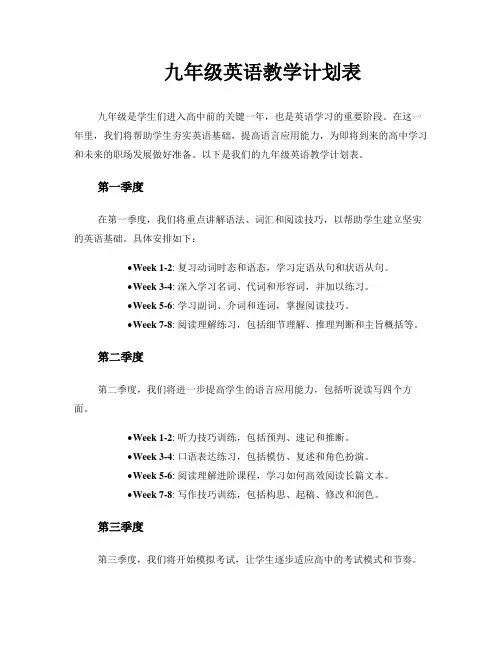 九年级英语教学计划表