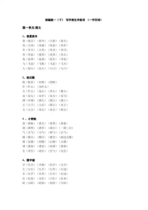 部编版一年级(下)写字表生字组词(一字四词)