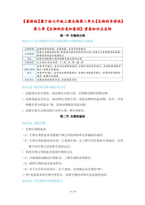 【最新版】冀少版七年级上册生物第二单元《生物的多样性》第三章《生物的分类和鉴别》重要知识点总结