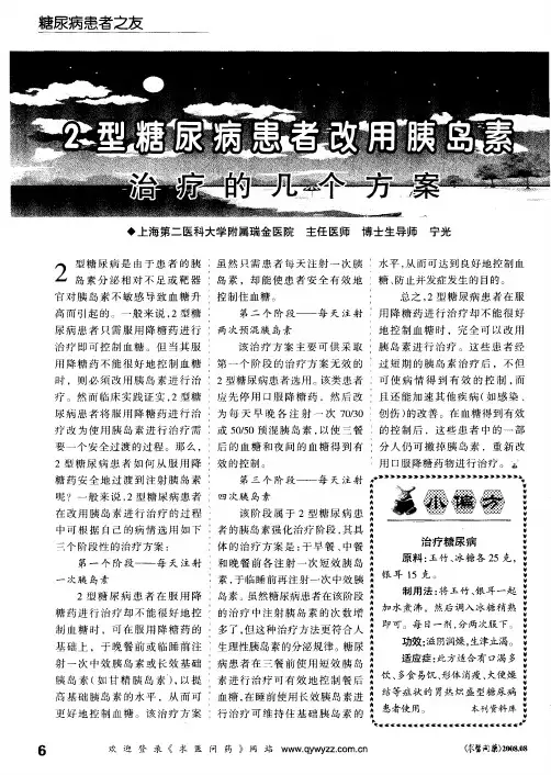 2型糖尿病患者改用胰岛素治疗的几个方案