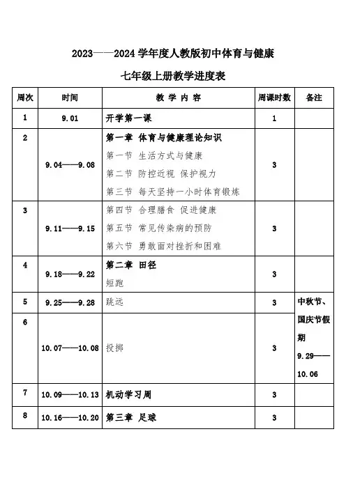 2023年秋学期人教版初中体育与健康七年级上册教学进度表