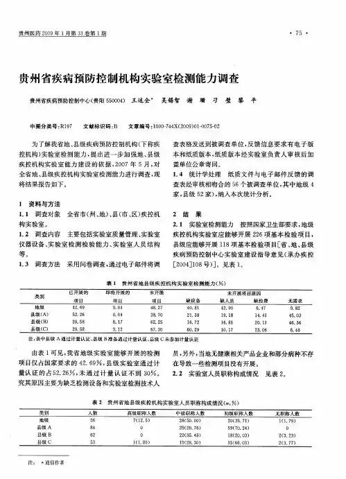 贵州省疾病预防控制机构实验室检测能力调查