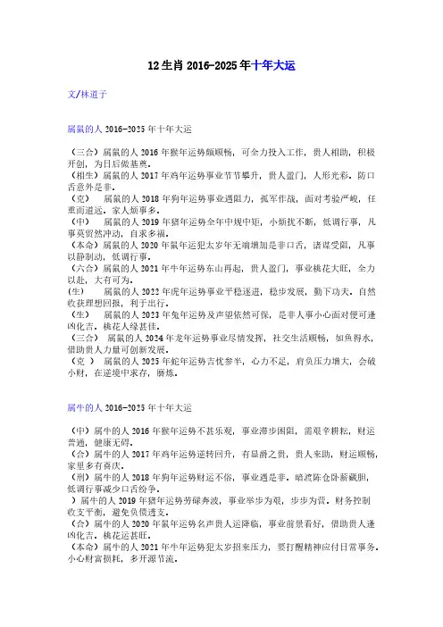 12生肖2016-2025年十年大运——林道子