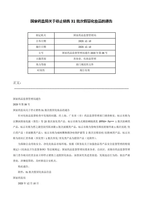 国家药监局关于停止销售31批次假冒化妆品的通告-国家药品监督管理局通告2020年第86号