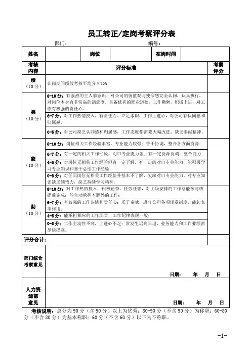 员工转正定岗考察评分表