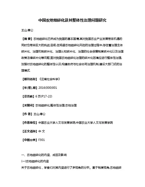 中国农地细碎化及其整体性治理问题研究