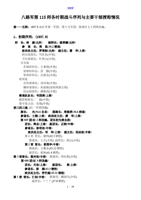 八路军第115师各时期战斗序列及主要干部授衔情况
