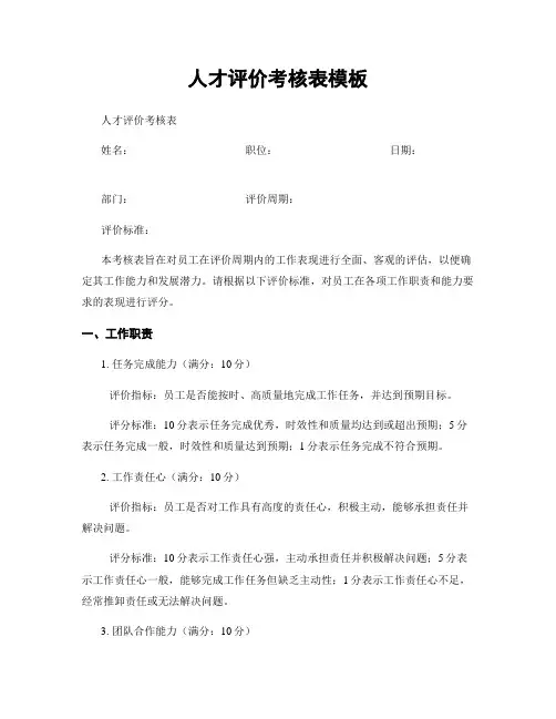 人才评价考核表模板