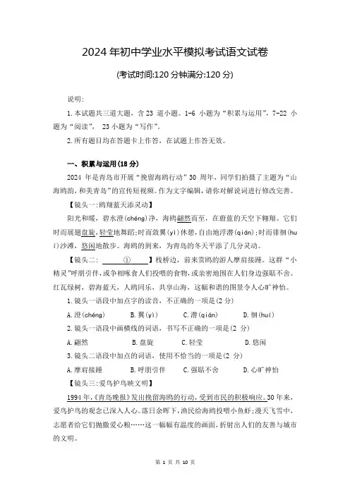 2024年初中学业水平模拟考试语文试卷