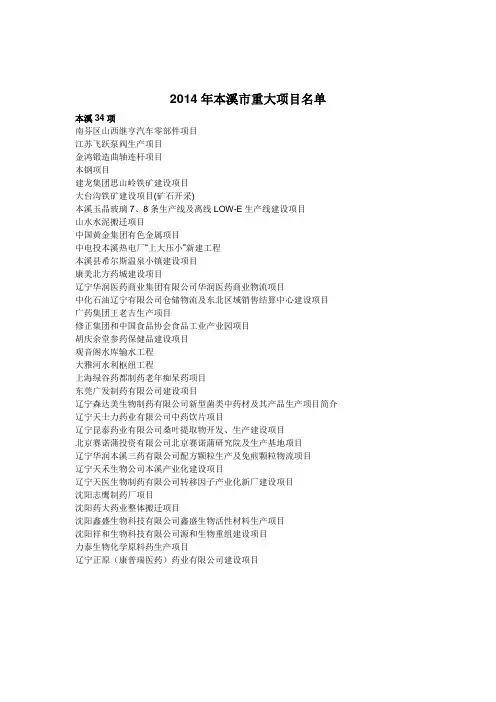 2014年本溪市重点项目名单