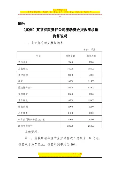 (案例)某某有限责任公司流动资金贷款需示量测算说明
