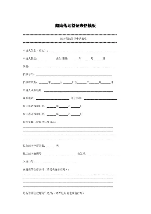 越南落地签证表格模板